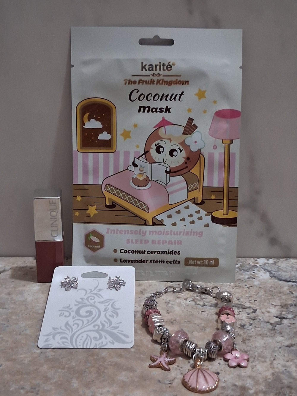 Clinique Lipstick, Karité Coconut  Sleep Mask - Bracelet & Earrings